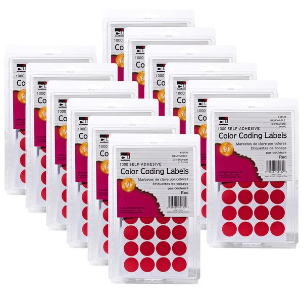 Charles Leonard Color Coding Labels, 3/4in, Red, PK12000 45130